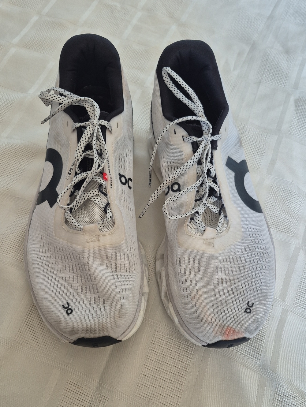 On Running Men's Cloudmonster White and Black Athletic Running Shoes